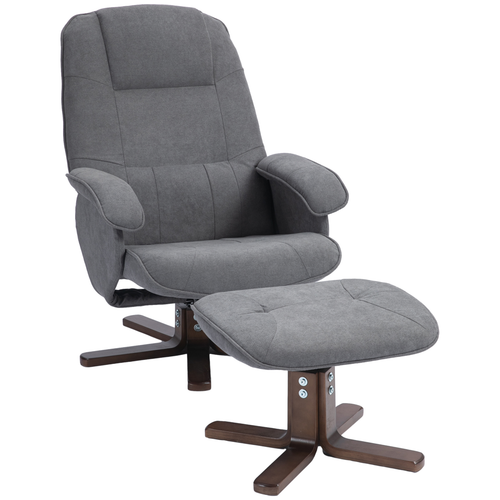 HOMCOM Swivel Recliner Chair and Footstool Linen-touch Fabric Wooden Base, Gray