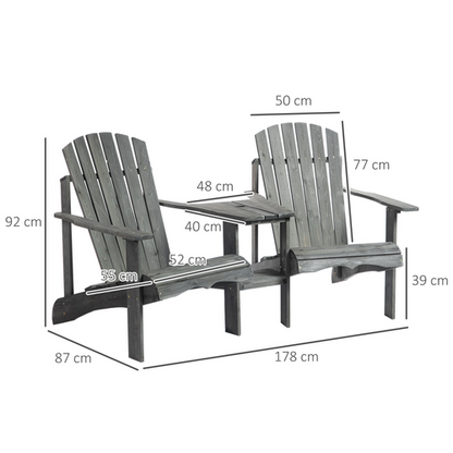 Wooden Double Adirondack Chairs Loveseat &amp; Center Table &amp; Umbrella Hole, Gray