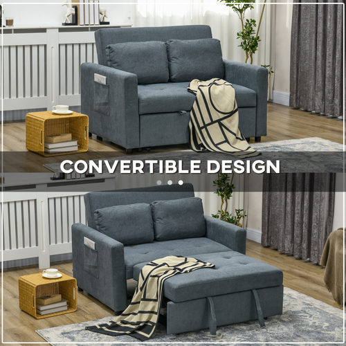 HOMCOM 2 Seater Sofa Bed Convertible Bed Settee with Cushions, Pockets, Gray