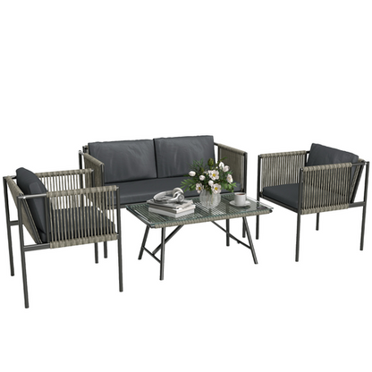 Outsunny 4 Seater Wicker Outdoor Furniture Set with Glass Coffee Table Gray