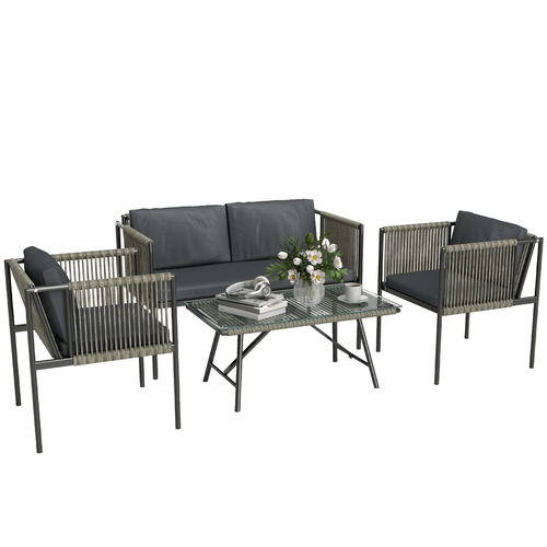 Outsunny 4 Seater Wicker Outdoor Furniture Set with Glass Coffee Table Gray