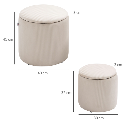 HOMCOM Modern Fabric Storage Ottoman with Removable Lid, Set of 2, Cream White