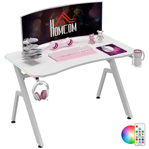 Gaming Desk Racing Style Computer Table RGB LED Lights, Hook, White