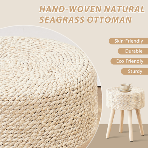 Round Ottoman Footstool Natural Seagrass Foot Stool Pouf Ottomans with Solid Wood Legs Hand Weave Hyacinth Footrest Step Stool for Living Room Balcony Garden Natural（Temu仅自提）