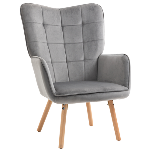 HOMCOM Modern Accent Chair Velvet-Touch Tufted Wingback Armchair Gray