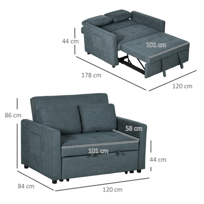 HOMCOM 2 Seater Sofa Bed Convertible Bed Settee with Cushions, Pockets, Gray