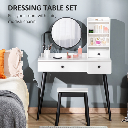Dressing Table Set with 3 Drawers, Storage shelves and Stool, White