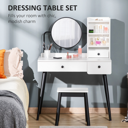 Dressing Table Set with 3 Drawers, Storage shelves and Stool, White