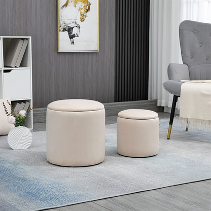 HOMCOM Modern Fabric Storage Ottoman with Removable Lid, Set of 2, Cream White