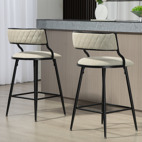 SET OF 2, 26'' Counter height bar stools PU cover kitchen island counter bar stool with black powder coating base and footrest(Beige) 